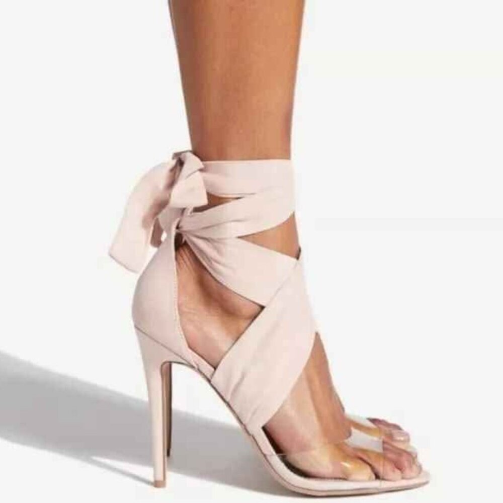 6.5 Shoe Dazzle Beige Naavah Heeled Sandals w/Cloth Tie
